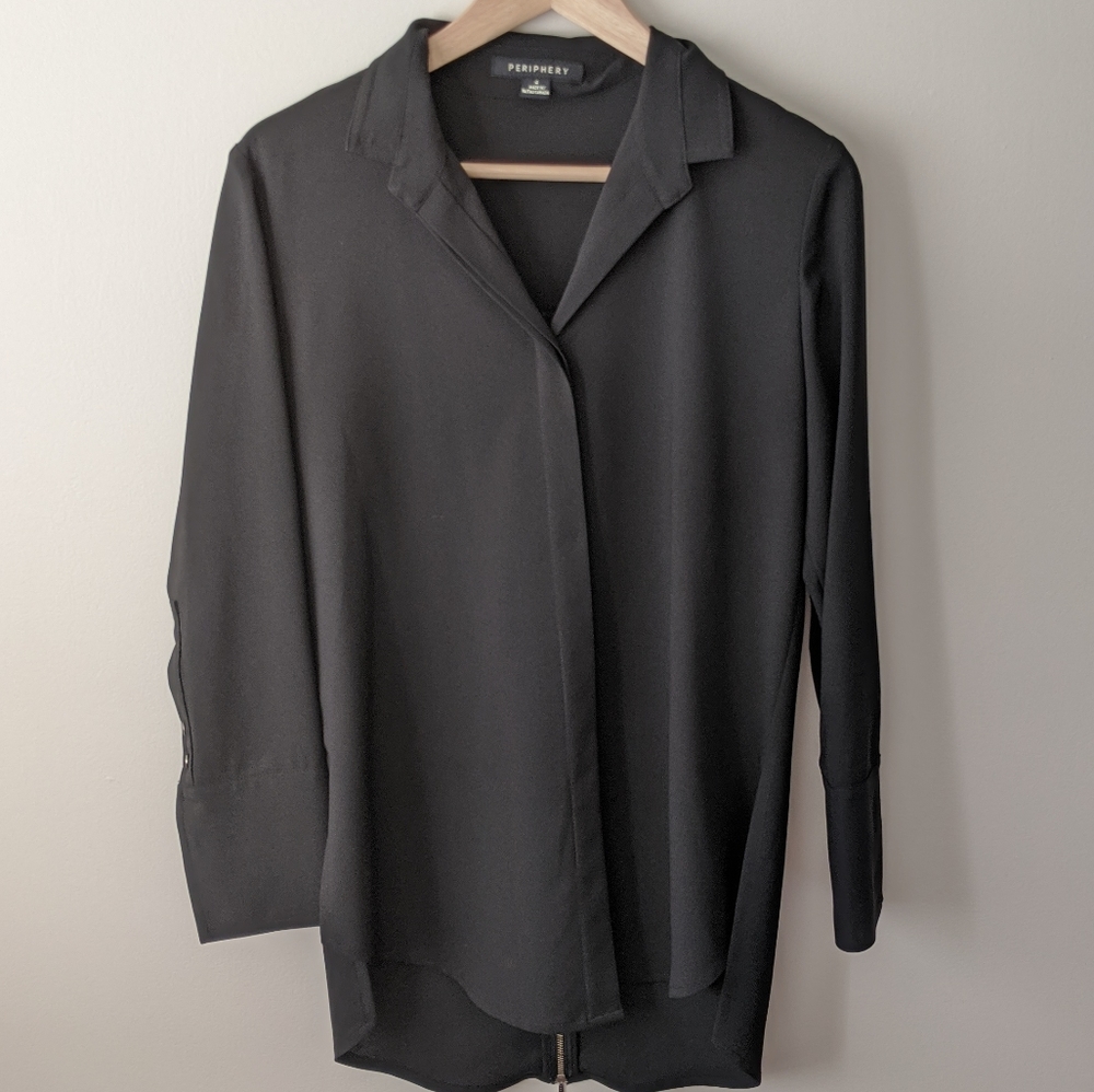 Periphery Black Long-Sleeve Collared Blouse